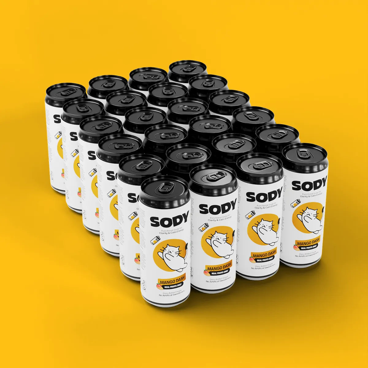 Multiple cans of Sody Mango Dash on an orange background