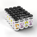 Multiple cans of Sody with various designs on a white background