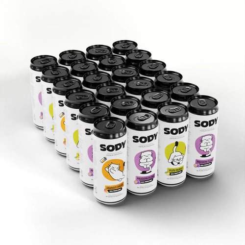 Multiple cans of Sody with various designs on a white background