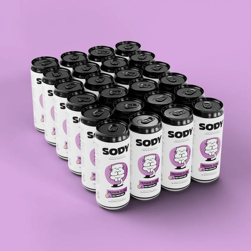 Multiple cans of Sody Passion Flow on a purple background