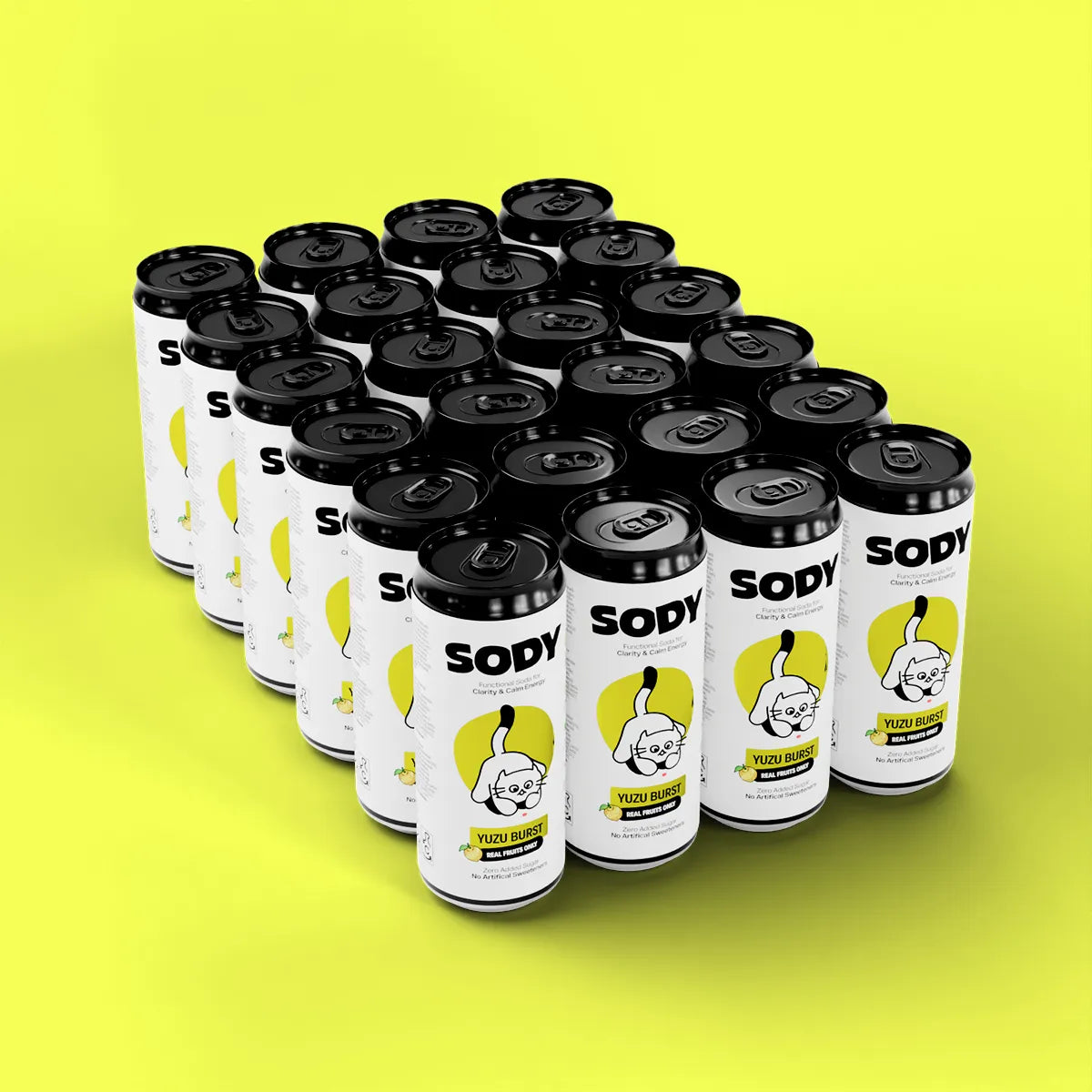 Multiple cans of Sody Yuzu Burst on a yellow background